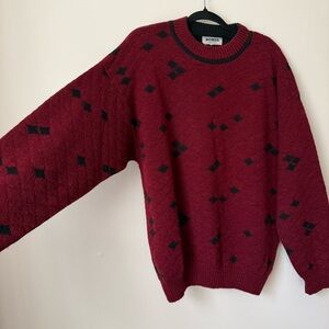Vintage 90s MONDO Wool Burgundy & Black Diamond Knit Sweater Made in Italy - L